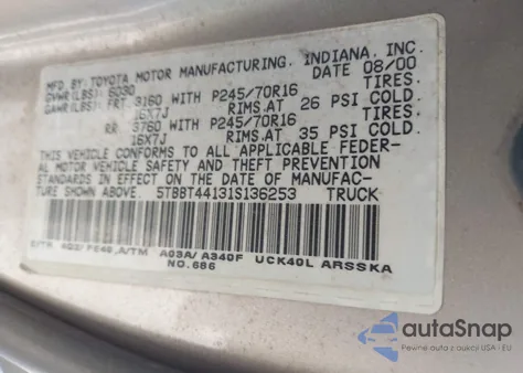 2001 Toyota Tundra Sr5 V8 из США, поврежденный, VIN 5TBBT44131S136253